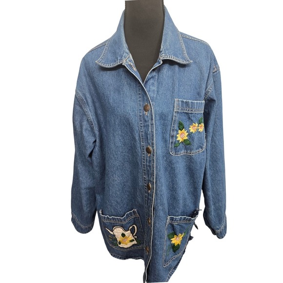 Michelle Louise Embroidered Denim Jacket L Cottagecore Boho Vintage Whimsical - Picture 5 of 7